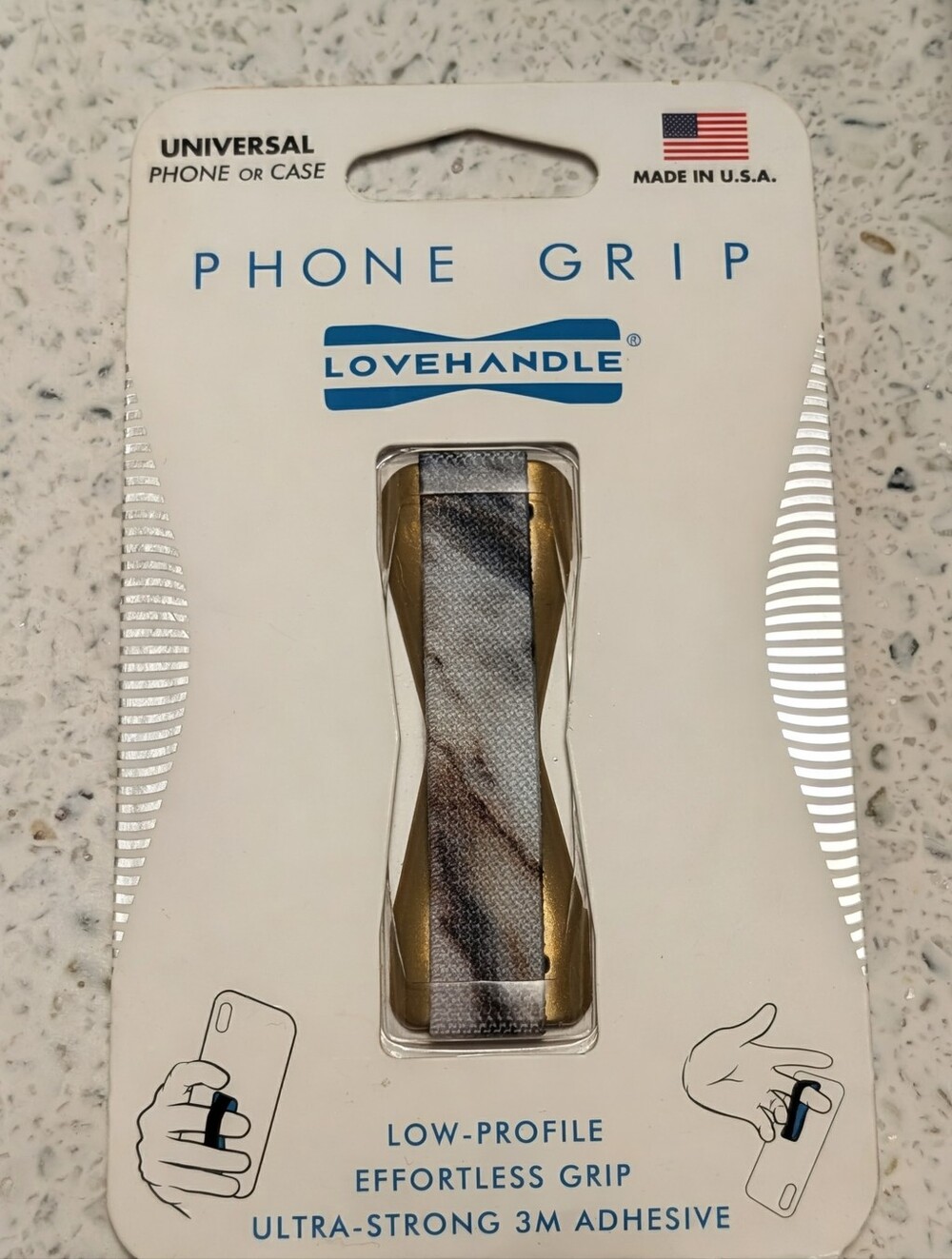 Lovehandle Phone Grip - Gold with Marble Strap. Magnetic, Elastic, Slim Profile